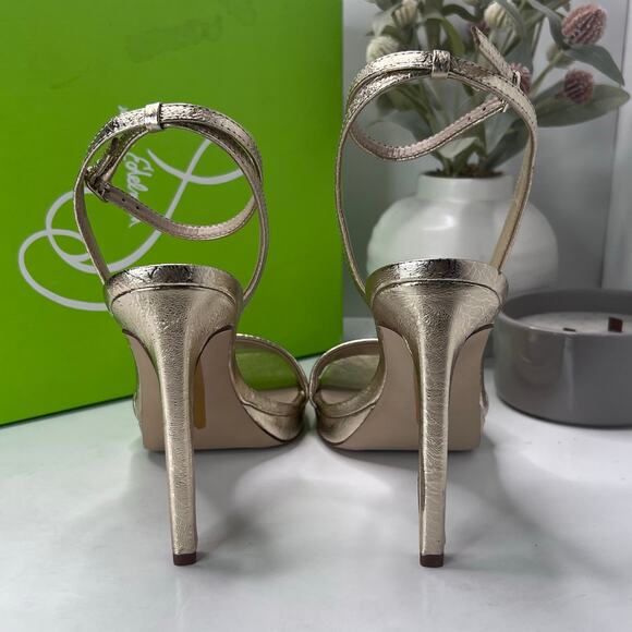 Sam Edelman Jade Leather Heels Gold Ankle Strap I0175L2701 Women 9.5M Tried On - Picture 4 of 11